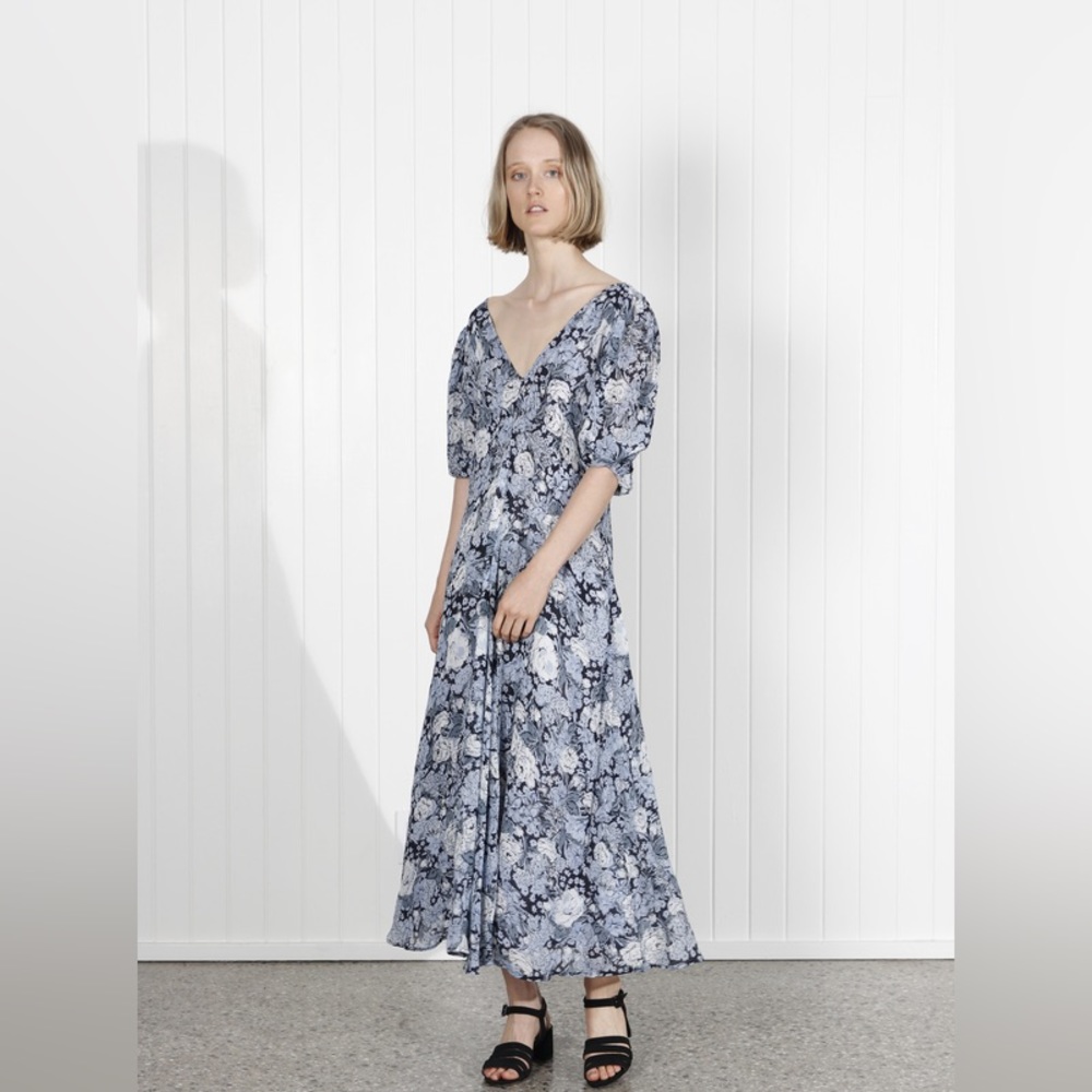 Ganni elm Heather blue floral puff sleeve midi dress 38/8